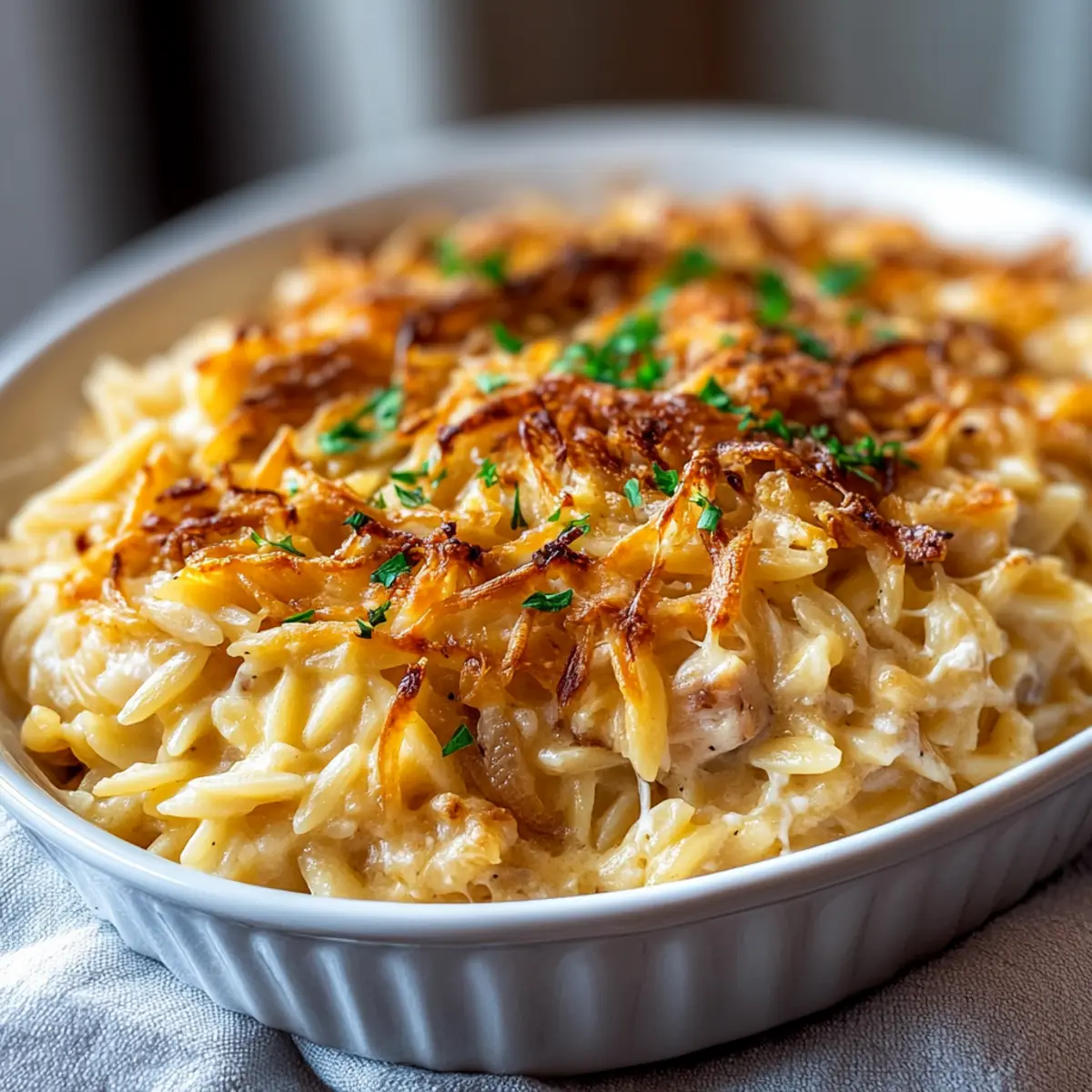 French Onion Chicken Orzo Casserole