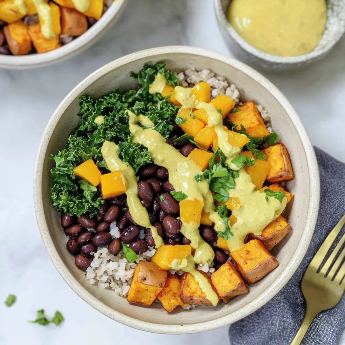 Black Bean Bowls with Sweet Potatoes and Mango Tahini Sauce